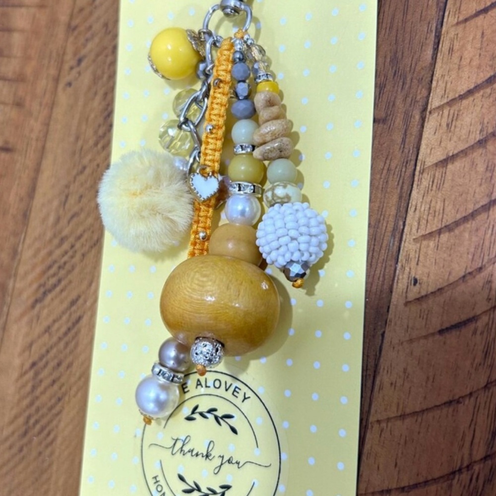 Yellow Beaded Pom Pom Keychain Charm-handmade/EAlovey